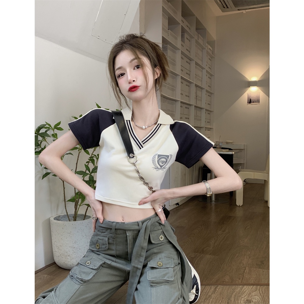 Áo polo Ngắn Tay Cổ Chữ V In Họa Tiết Thời Trang Mùa Hè Cho Nữ