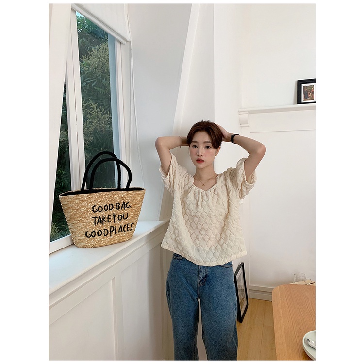 Áo SUXI ngắn tay cổ vuông dáng rộng thời trang mùa hè Hàn Quốc dễ phối đồ dành cho nữ