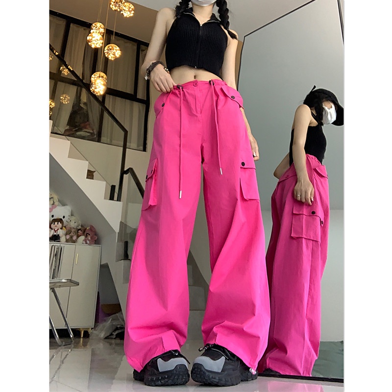 Liasynn Quần Yếm Dáng Rộng Eo Cao Buộc Dây Màu Đỏ Hồng Phong Cách Đường Phố Mới Mùa Hè 2023 Dành Cho Bạn Nữ