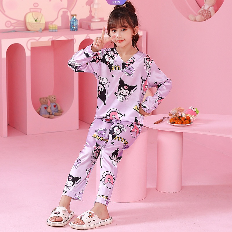 Bộ Đồ Ngủ Cổ Chữ V Tay Dài In Họa Tiết Hoạt Hình Kuromi Mickey My Melody Cinnamoroll StellaLou Lotso Dễ Thương Thoải Mái Cho Bé Gái