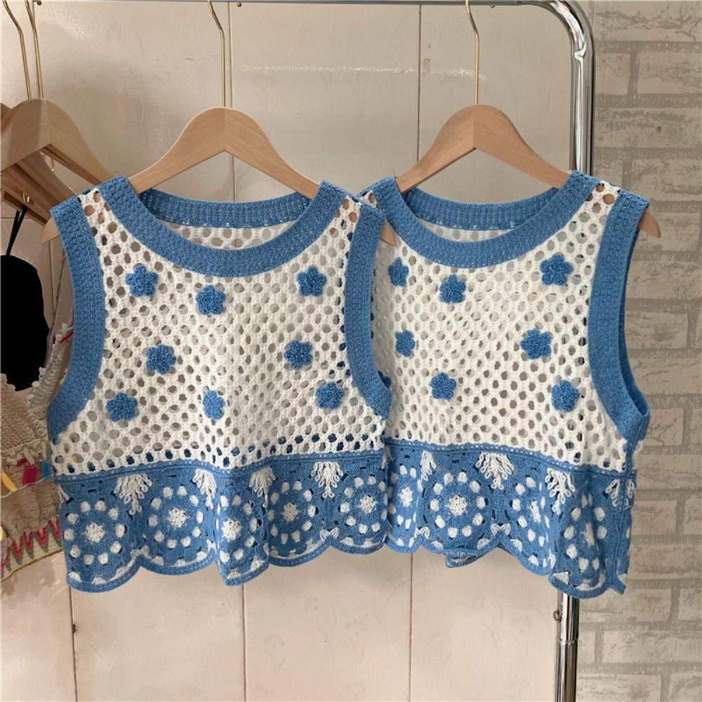 Áo Croptop Dệt Kim Không Tay Dáng Rộng In Họa Tiết Hoa Thời Trang Mùa Hè Phong Cách Hàn Quốc Cho Nữ