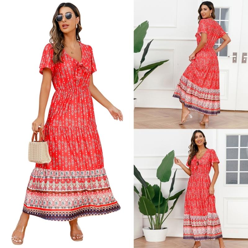 Đầm Xòe Tay Ngắn Cổ Chữ V In Họa Tiết Hoa Phong Cách Bohemian Thời Trang Mùa Hè Cổ Điển Cho Nữ