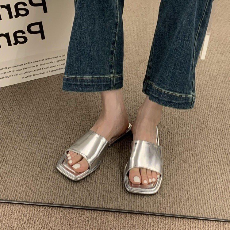 Dép Da Pu Đế Thấp Mũi Vuông Thiết Kế Đơn Giản Cá Tính