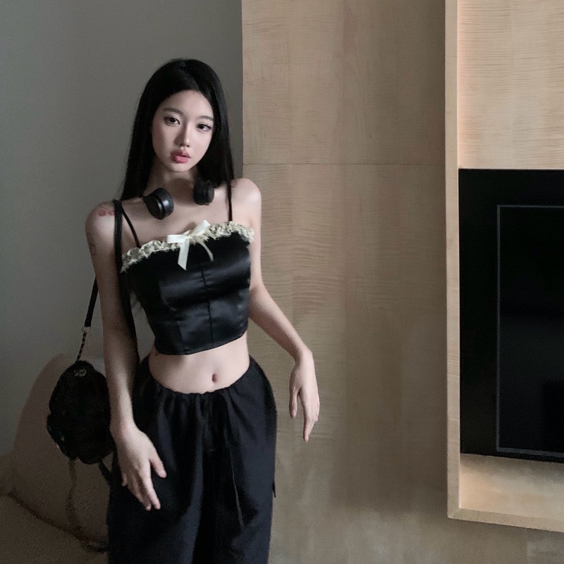 Áo Hai Dây Vải Satin Phối Ren Quyến Rũ Cho Nữ