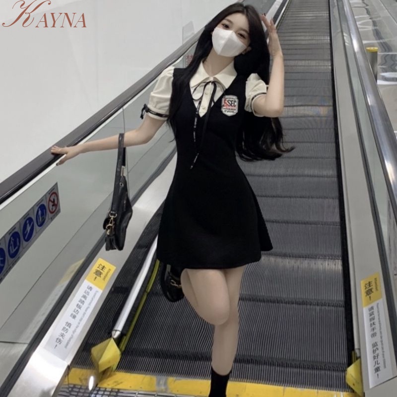 Kayna Đầm Giả Hai Mảnh Dáng Chữ A Cổ polo Màu Tương Phản Thời Trang Mùa Hè Dành Cho Nữ Sinh