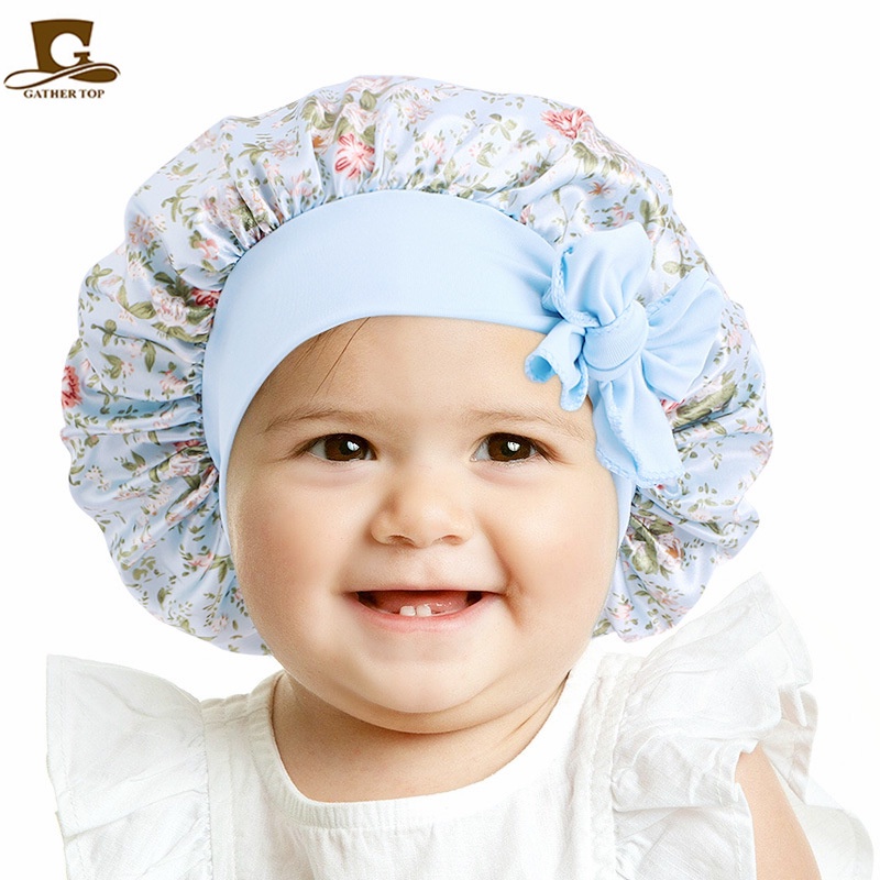 Mũ Trùm Đầu Ban Đêm Bằng Satin Co Giãn Thắt Nơ Xinh Xắn Cho Bé Gái