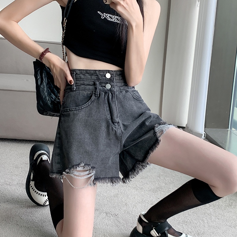 Quần Short Denim Lưng Cao Ống Rộng Phối Rách Kiểu Retro Hàn Quốc Thời Trang Mùa Hè Cho Nữ