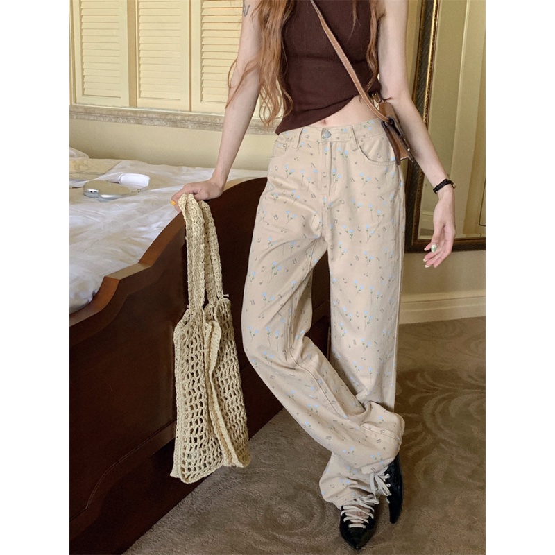 Quần Dài Lưng Cao Ống Suông In Họa Tiết Thời Trang