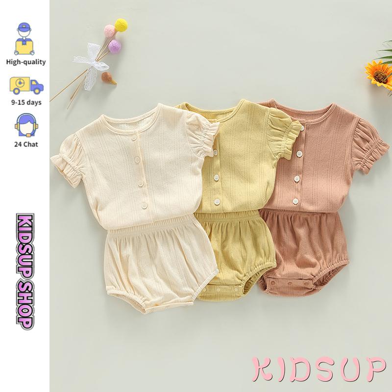 Set Đồ Mùa Hè 1-2 Món Gồm Áo Tay Cộc Cài Nút + Quần Ngắn Cho Bé Gái Sơ Sinh