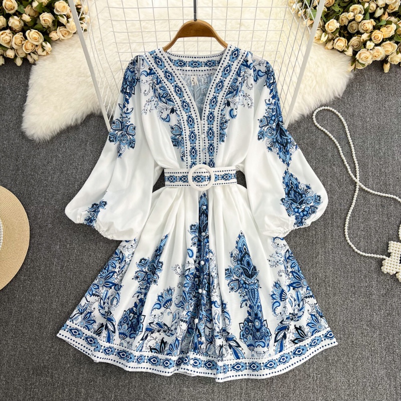 Đầm Chữ A Tay Dài Phồng Cổ Chữ V In Họa Tiết Retro Thời Trang Xuân Thu Cho Nữ