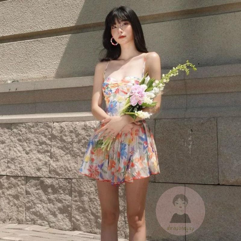 Đầm Mini Hai Dây Dáng Chữ A Ngắn In Hoa Dễ Thương Cho Bạn Gái