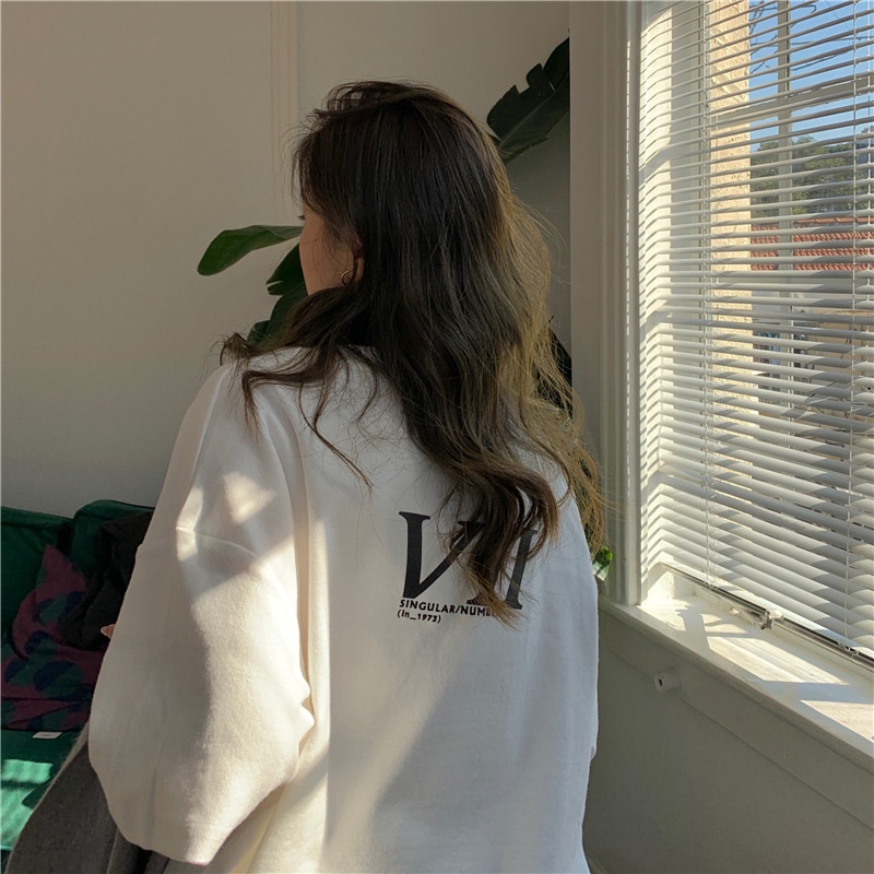 Áo Thun Tay Lửng Dáng Rộng In Chữ Trước Sau Lưng Phong Cách Hàn Quốc