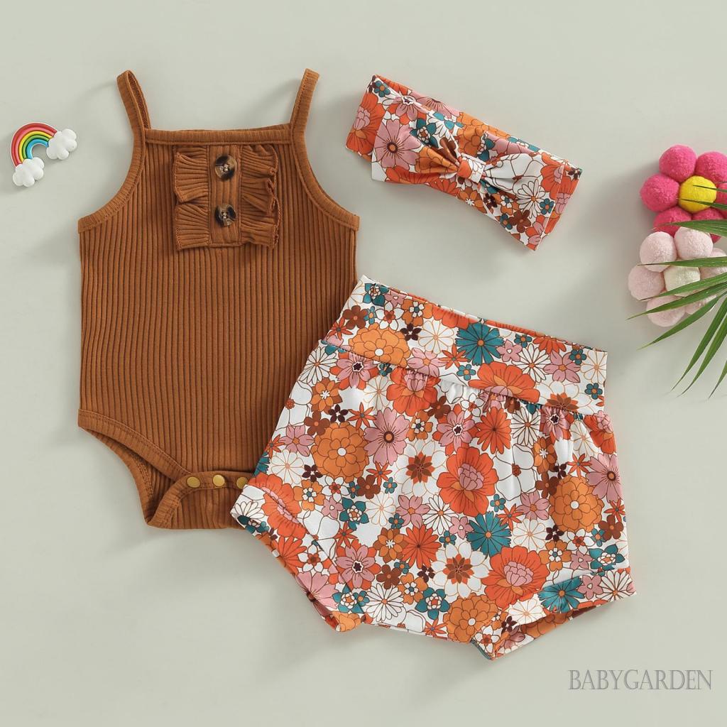 Bộ Áo Liền Quần Hai Dây + Quần Sooc In Hoa + Băng Đô Xinh Xắn Cho Bé Gái 0-18 Tháng Tuổi