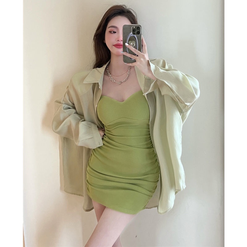 COZOK Set Đầm Xanh Lá + Áo Khoác cardigan Dài Tay Chống Nắng Thời Trang Hong Kong