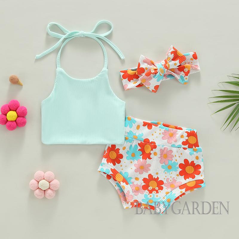 Bộ Áo Hai Dây + Quần Sooc In Hoa / Kẻ Sọc / Băng Đô Cài Tóc Thời Trang Mùa Hè Cho Bé Gái 0-24 Tháng Tuổi