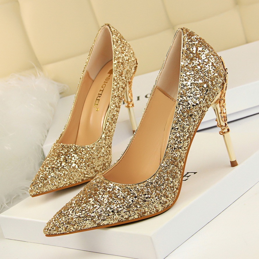 Giày Cao Gót Mũi Nhọn Đính Kim Sa Pha Lê Lấp Lánh Phong Cách Mới 2023 Size 34-40