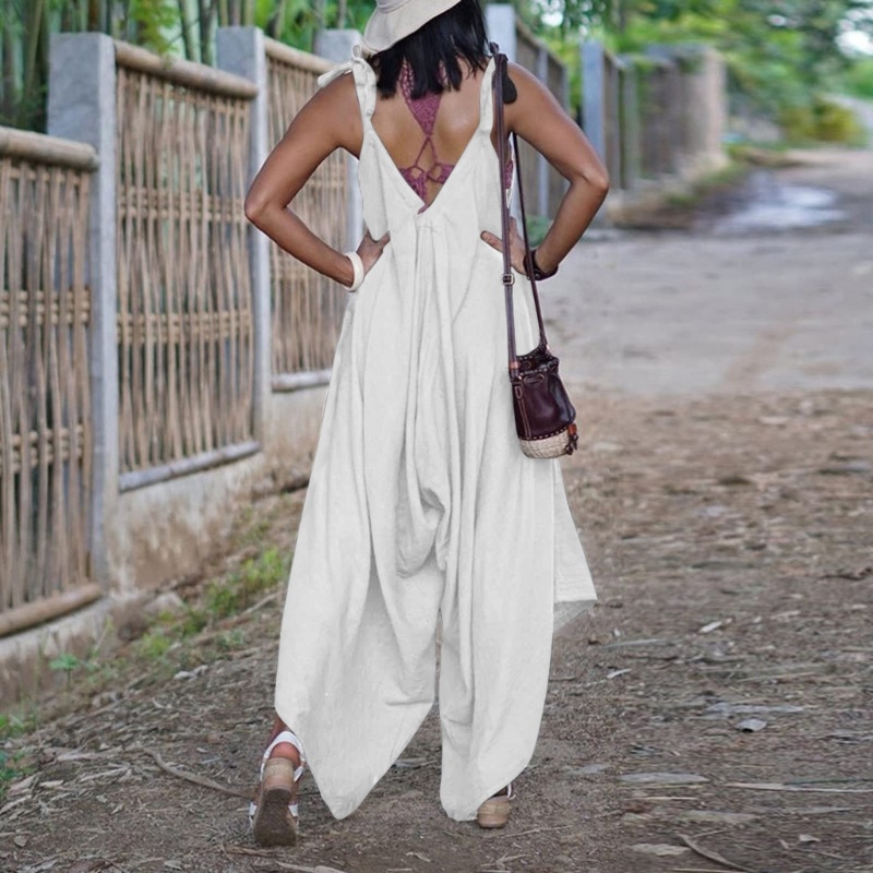 Bộ Áo Liền Quần Cổ Chữ V Ống Rộng Màu Sắc Đơn Giản Cho Nữ