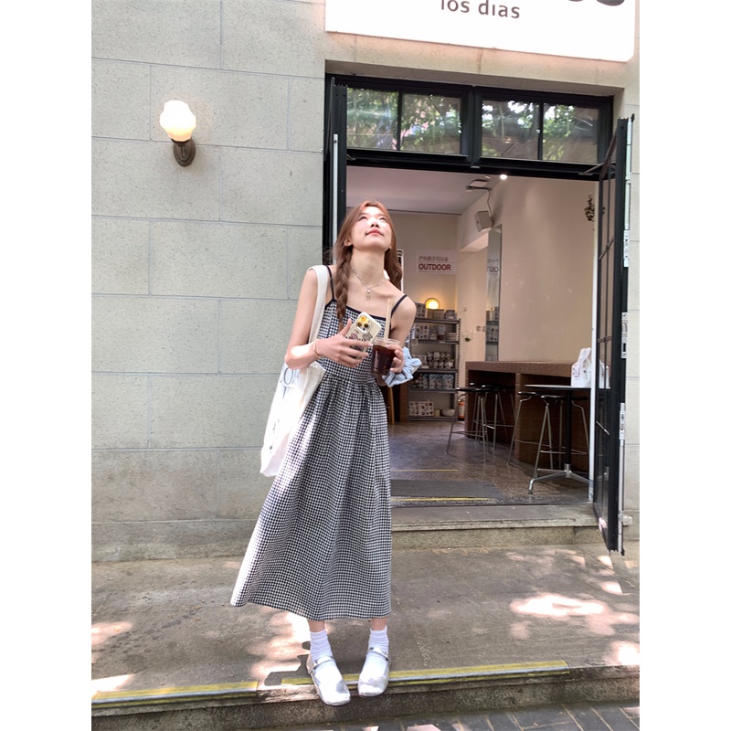 Đầm Hai Dây Dáng Dài Mỏng Màu Sắc Sọc Caro Phong Cách Hàn Quốc Thời Trang Mùa Hè Xinh Xắn Cho Nữ