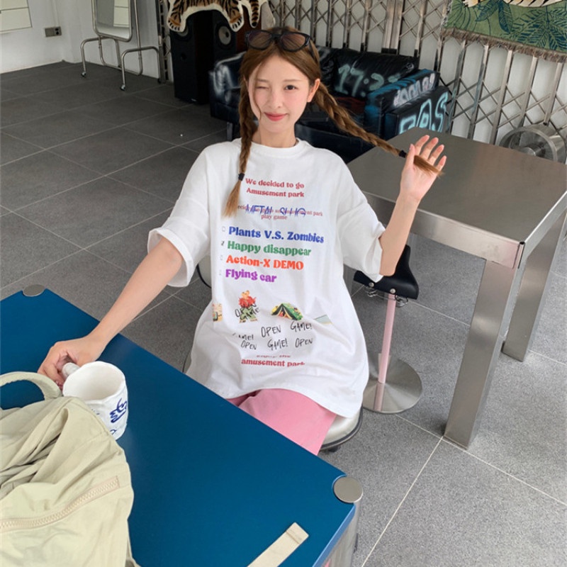 Áo Thun Nữ Ngắn Tay Cổ Tròn In Chữ Đơn Giản