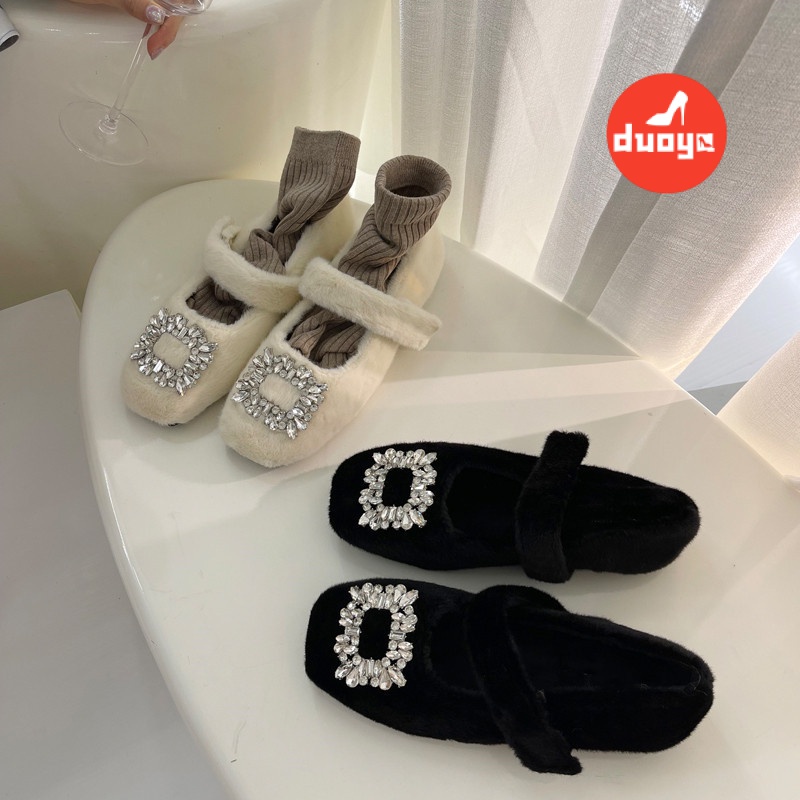 Duoya Tóc Thẳng ~ [Hàng Có Sẵn] Giày Búp Bê Mary Jane Mũi Vuông Đính Đá Lông Cừu Trắng Đế Dày Chất Lượng Cao Cho Nữ Mặc Ngoài Trời Mùa Đông Miễn Phí Vận Chuyển