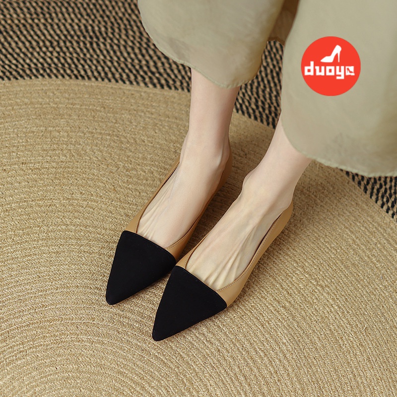 Duoya Giày Búp Bê Da Thật Đế Dày Mềm Mại Miệng Nông Mũi Nhọn Phối Màu Thời Trang Xuân Hè Cho Nữ