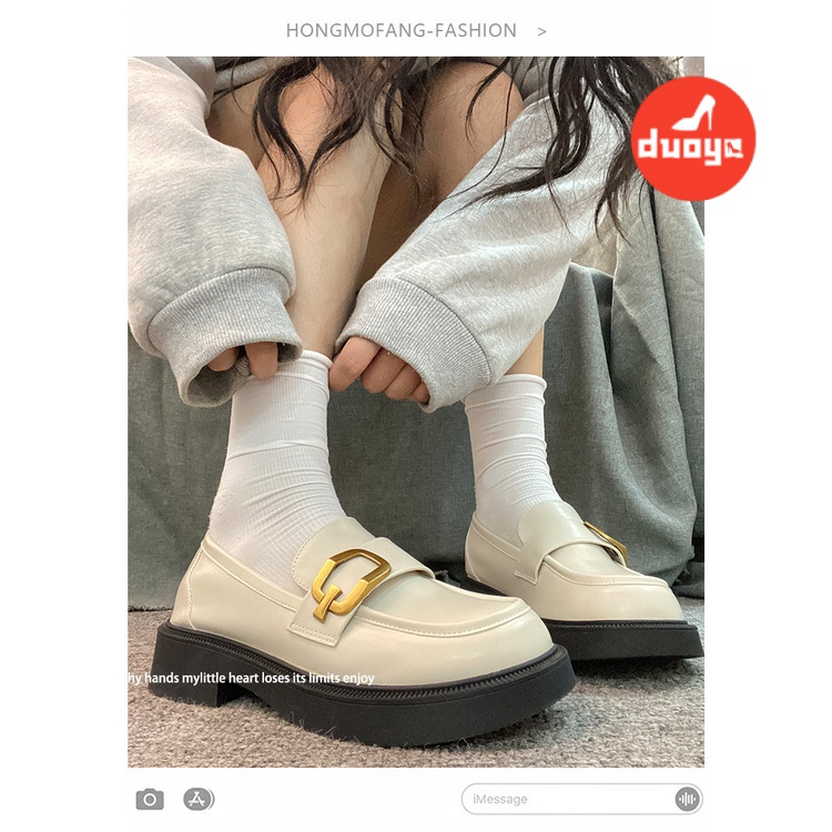 Duoya Giày Lười Da Đế Dày Cài Khóa Vàng Phong Cách Anh Quốc Thời Trang 2022 Cho Nữ