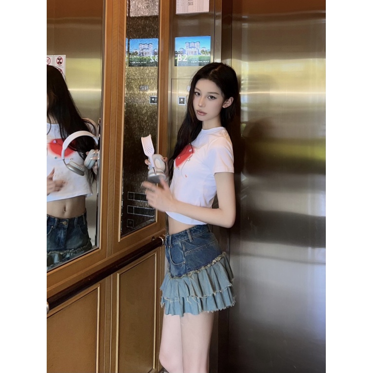 Chân Váy Denim Chữ a Xếp Tầng Lưng Cao Thời Trang Mùa Hè Cho Nữ