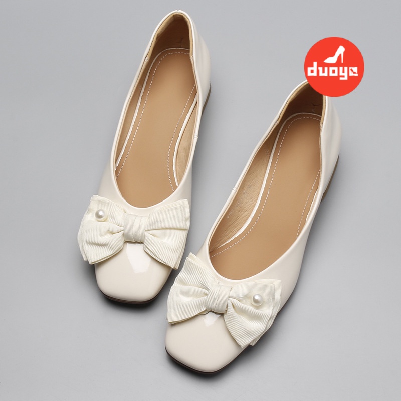 Duoya Tóc Thẳng ~ [Hàng Có Sẵn] Giày Gót Dày Mũi Vuông Miệng Nông Đính Nơ Thanh Lịch Cho Nữ Miễn Phí Vận Chuyển