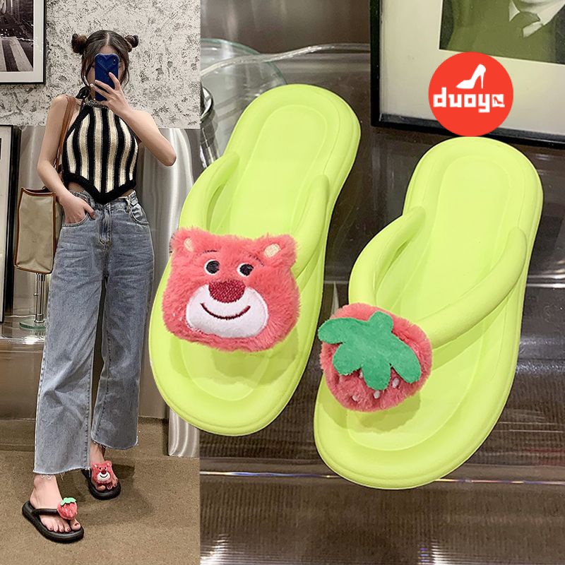 Duoya Tóc Thẳng ~ [Hàng Có Sẵn] Dép Xỏ Ngón Đi Biển Mùa Hè Dày Dặn Họa Tiết Gấu Dâu Tây Dễ Thương Cho Nữ Giao Hàng Miễn