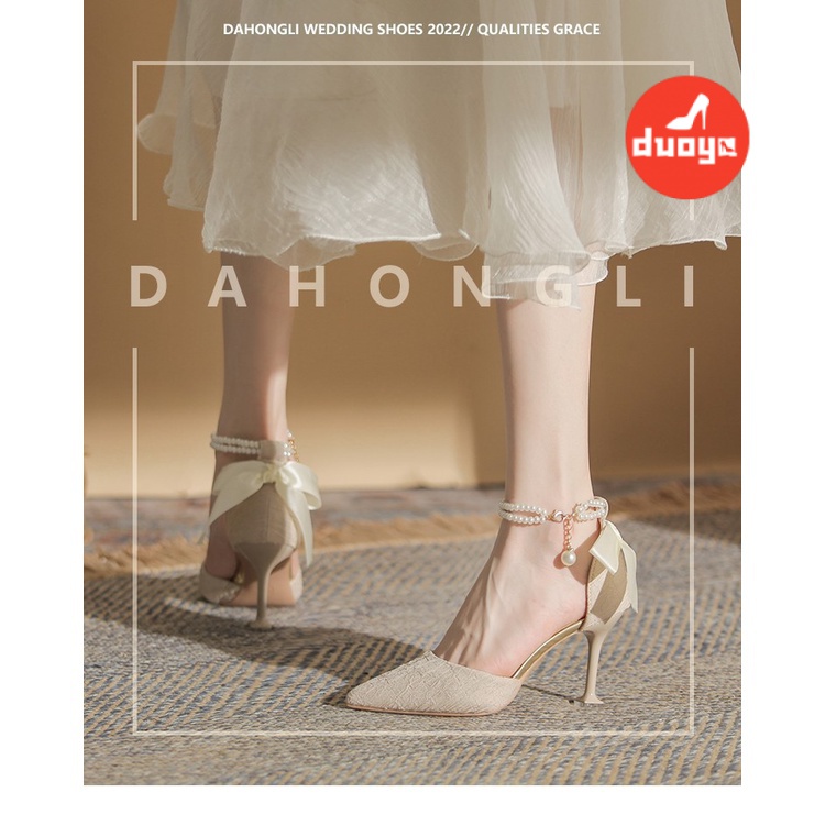 Duoya Tóc Thẳng ~ [Hàng Có Sẵn] Giày Cao Gót Mũi Nhọn Thắt Nơ Đính Ngọc Trai Mùa Xuân Hè Cho Phù Dâu Miễn Phí Vận Chuyển