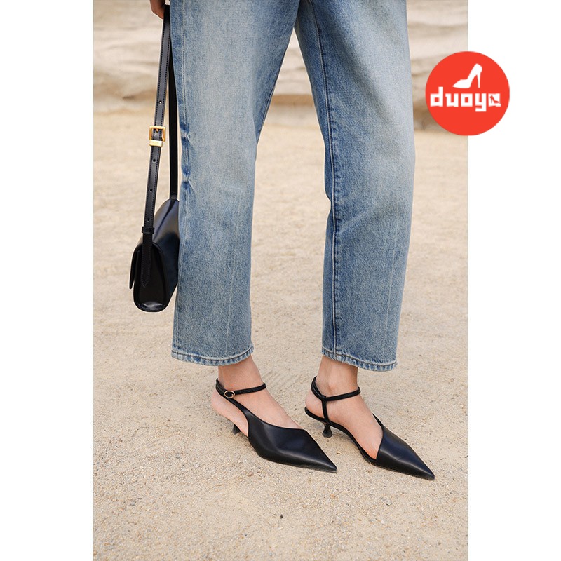 Duoya Giày Cao Gót Sandal Da Mềm Mũi Nhọn Thiết Kế Đơn Giản Mùa Hè Miễn Phí Vận Chuyển