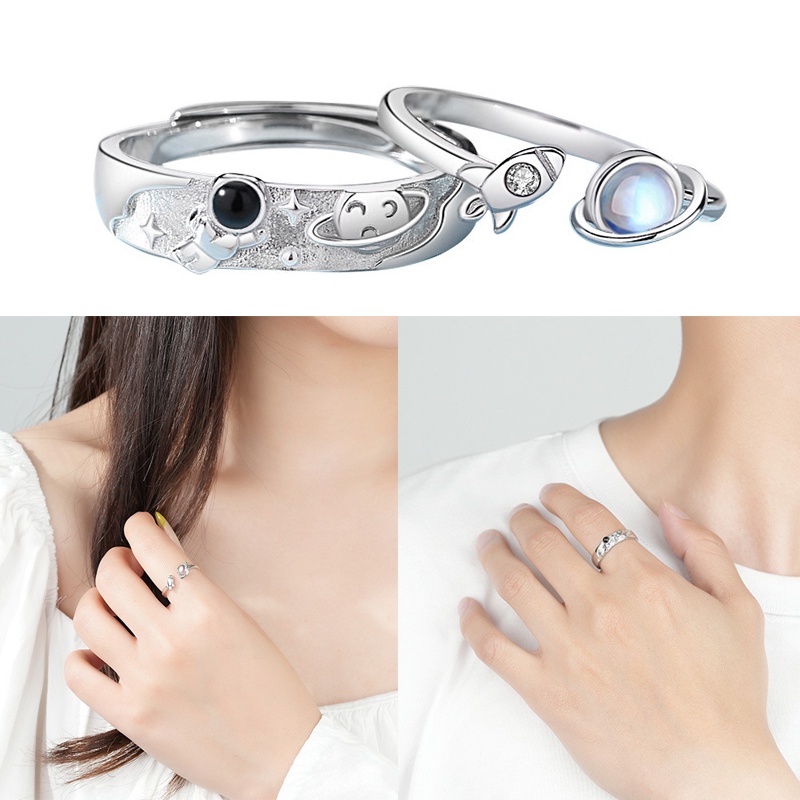 Nhẫn Hở Hình Phi Hành Gia Hoạt Hình Màu Bạc Đơn Giản Có Thể Điều Chỉnh Cho Cặp Đôi