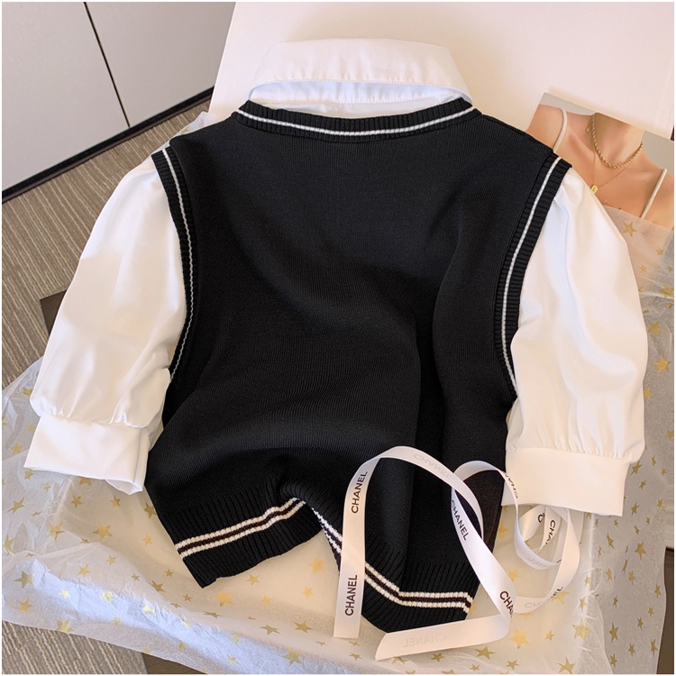 Áo Sơ Mi Dệt Kim Tay Ngắn Phồng Cổ Bẻ Giả Hai Lớp Thời Trang Mùa Hè Phong Cách Preppy Dành Cho Nữ