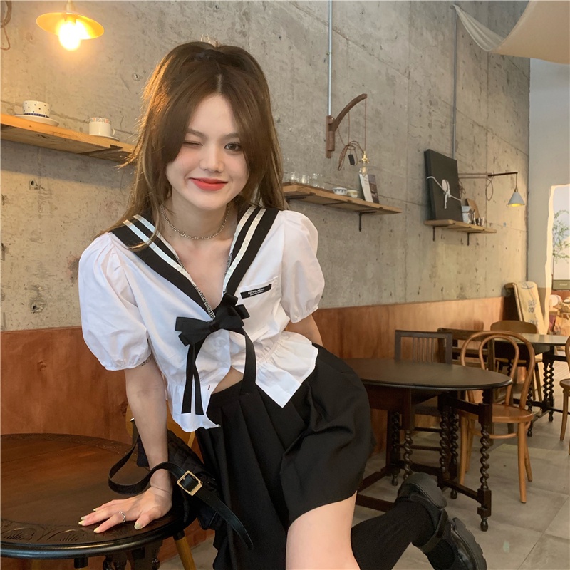 Set Áo Thủy Thủ Tay Phồng Cổ Bẻ + Chân Váy Xếp Ly Lưng Cao Thời Trang Hè Phong Cách Hàn Quốc Cho Nữ