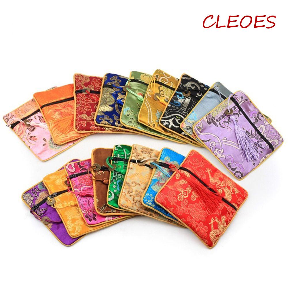 Túi Lụa Đựng Trang Sức Thêu Họa Tiết Hoa Rồng Phong Cách Cổ Điển Có Khóa Kéo Tiện Dụng