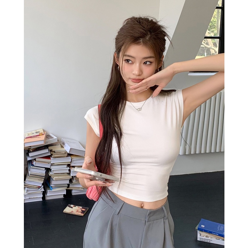 Áo Thun Croptop Tay Ngắn Cổ Tròn Màu Sắc Đơn Giản