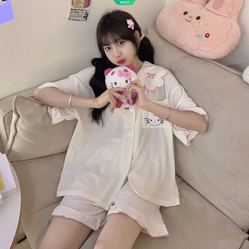 Bộ Đồ Ngủ Tay Ngắn In Hoạt Hình Sanrio Hello Kitty Phong Cách Hàn Quốc Thời Trang Mùa Hè 2023 Cho Nữ