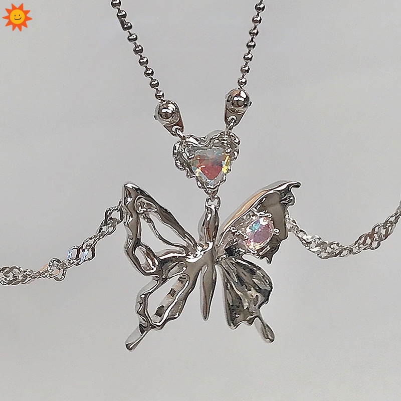 Vòng cổ Hai Lớp Mặt Hình Trái Tim / Bướm Phong Cách Hip Hop Kpop Cổ Điển Thời Trang Cho Nữ