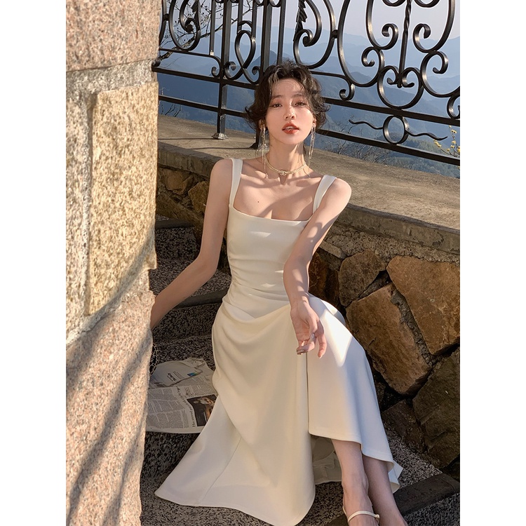 SUXI Đầm Midi Hai Dây Dáng Chữ A Màu Sắc Đơn Giản Thời Trang Mùa Hè Xinh Xắn Cho Nữ