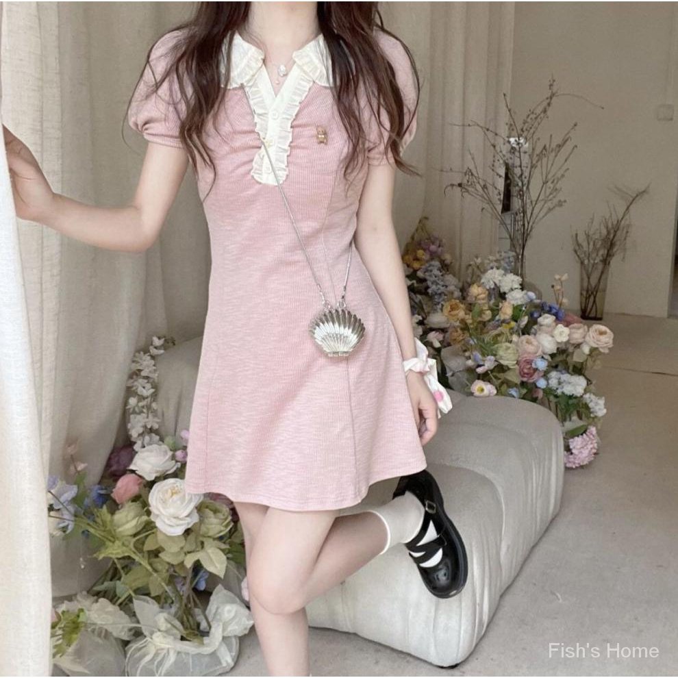 Đầm Chữ a Cổ polo Nhún Bèo Ôm Eo Phong Cách Nhật Bản Dễ Thương Thời Trang Mùa Hè Cho Nữ