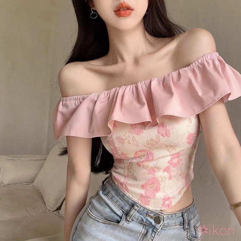Áo Croptop Trễ Vai Tay Ngắn Phối Bèo Nhún Thời Trang Mùa Hè Xinh Xắn Cho Nữ