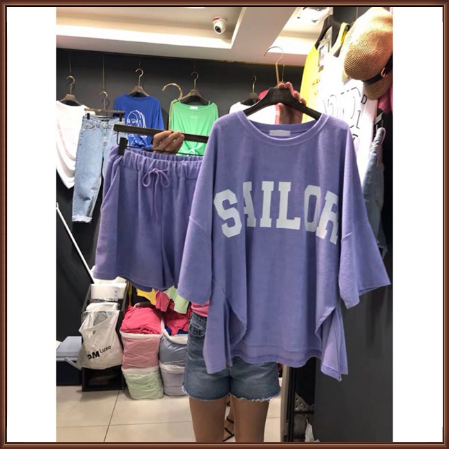 Bộ Trang Phục 2 Mảnh Gồm Áo Thun Tay Ngắn In Chữ + Quần Short Ống Rộng Cho Nữ