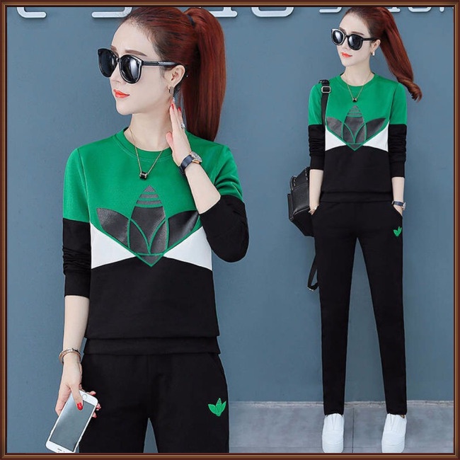 Bộ Trang Phục Thể Thao 2 Mảnh Gồm Áo Sweater Tay Dài In Họa Tiết + Quần Dài Màu Sắc Đơn Giản Cho Nữ