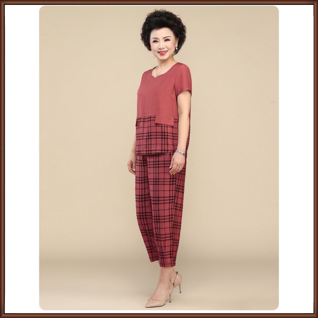 Bộ Trang Phục Thể Thao 2 Mảnh Gồm Áo Thun Tay Cộc Cổ Tròn In Họa Tiết Caro + Quần Dài Thời Trang Cho Nữ