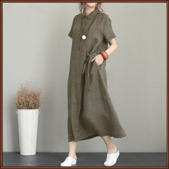 Đầm Cotton Lanh Ngắn Tay Dáng Rộng Màu Sắc Trơn Phong Cách Nhật Bản Cho Nữ
