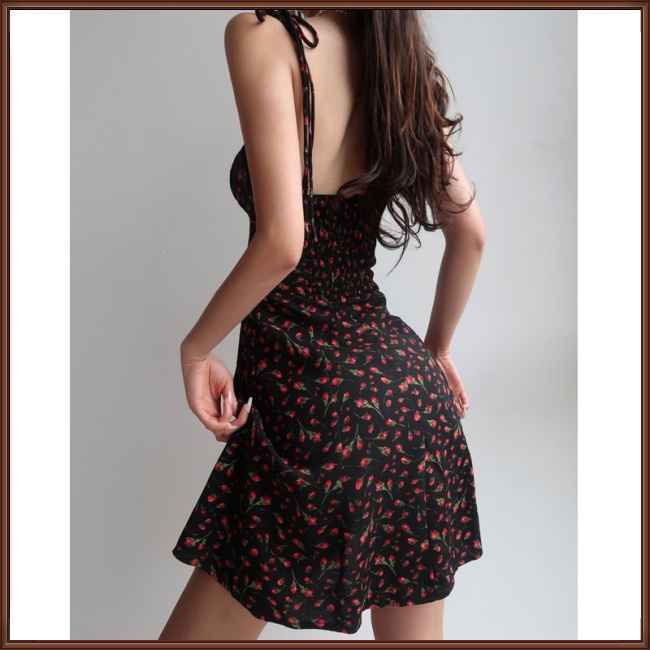 Đầm Hai Dây Cổ Chữ V Dáng Chữ A In Họa Tiết Hoa Hồng Thời Trang Quyến Rũ Cho Nữ