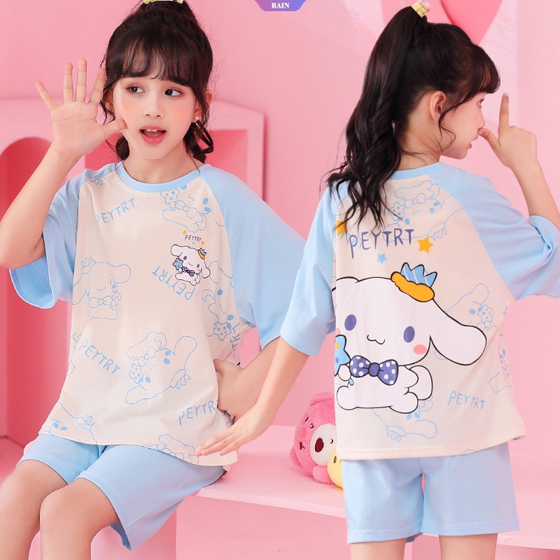 Bộ Đồ Ngủ Tay Ngắn Dáng Rộng In Họa Tiết Hoạt Hình Hello Kitty Kuromi My Melody Cinnamoroll Dễ Thương Thời Trang Mùa Hè Cho Bé Gái