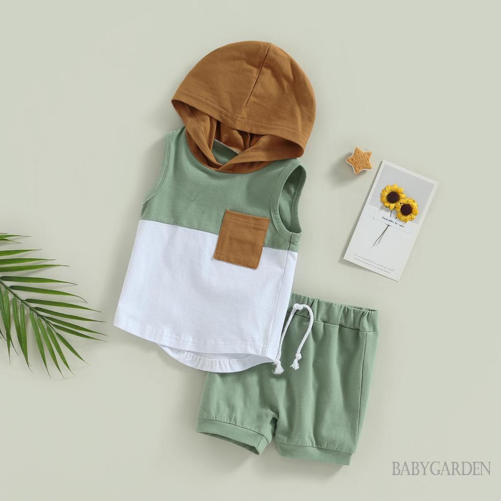 Bộ Áo Hoodie Sát Nách Màu Sắc Tương Phản Phối Quần Short Thời Trang Mùa Hè Cho Bé Trai Từ 0-3 Tuổi