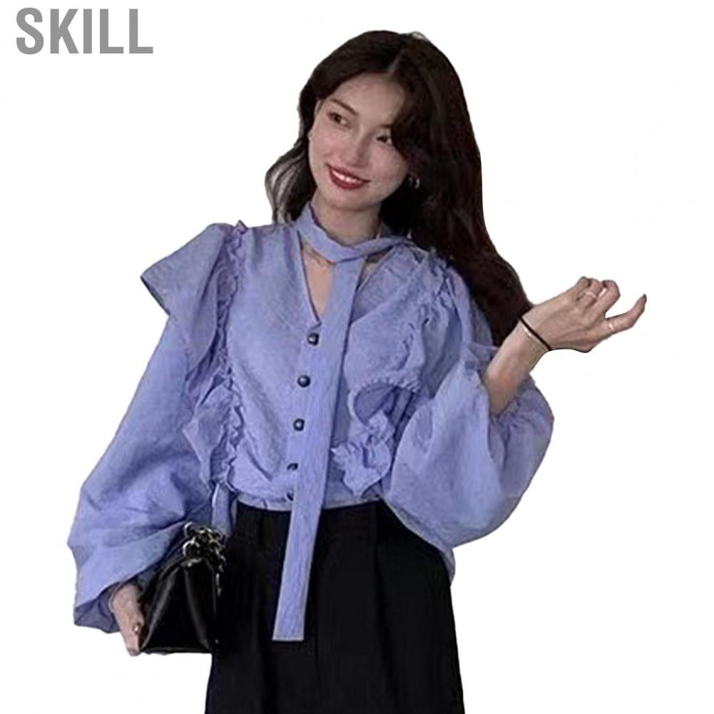 Skill Shirt  Gorgeous Long Sleeve Anti Wrinkle Comfortable Purple Spring Breathable Elegant V Neck Scarf for Dinner