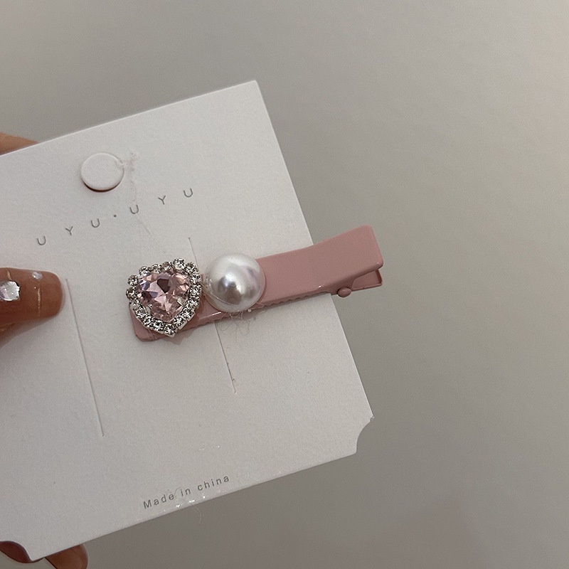 Kẹp Tóc Mỏ Vịt Phẳng Đính Kim Cương &amp; Ngọc Trai Màu Hồng Phong Cách Hàn Quốc Cho Nữ